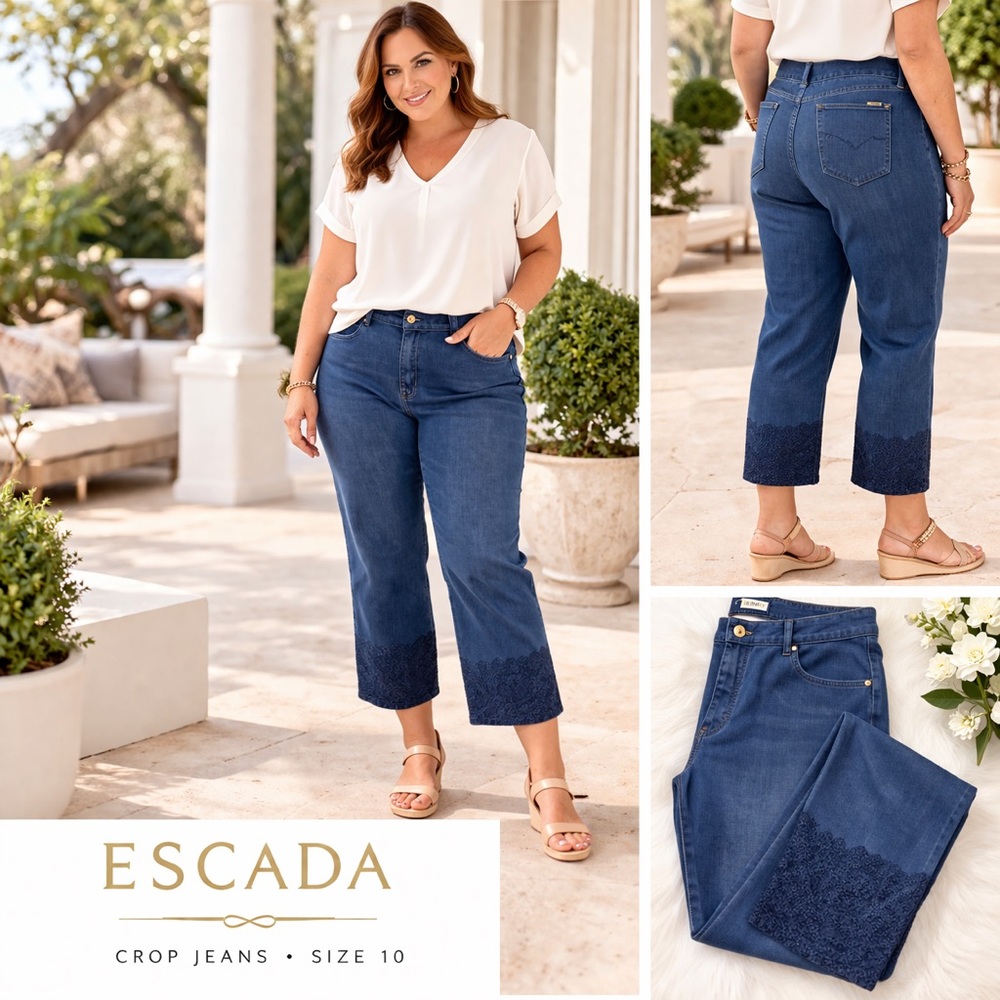 Escada Cropped Jeans Embroidered Hem Relaxed Fit Blue Denim